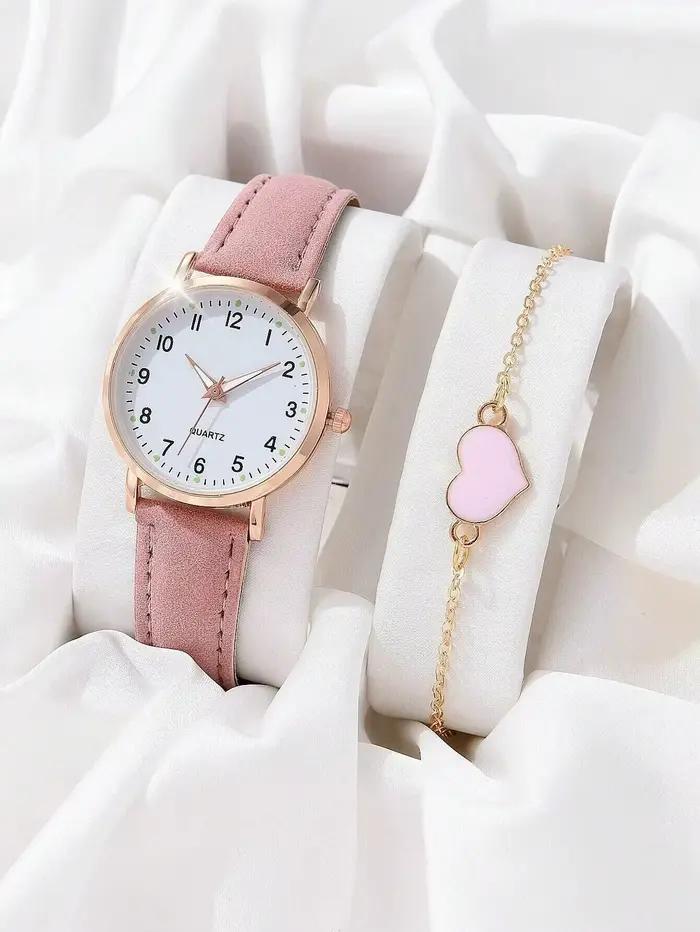 Femmes Montre de mode Bracelet décontracté montres ensemble en cuir Simple cadran rond Ladise Quartz