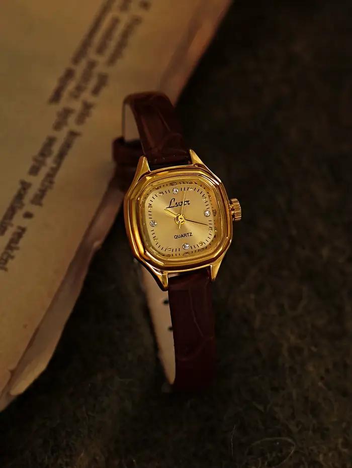 1 montre mini dorée à cadran carré |   Style vintage, bracelet en cuir marron, résistant à l'eau |  
