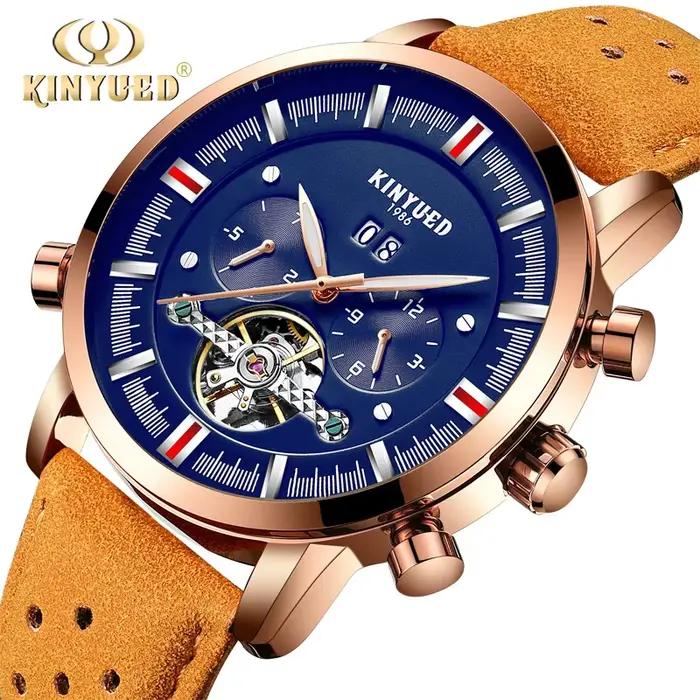 KINYUED marque hommes de luxe automatique montre mécanique sport en cuir étanche semaine Date automa