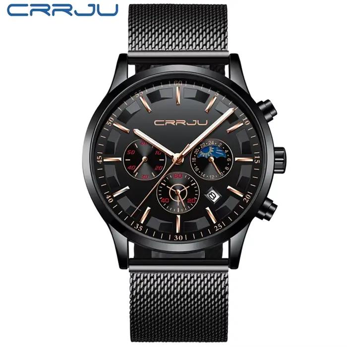 CRRJU-Montre à quartz étanche en acier pour homme, montres de sport, horloge noire, mode d'affaires,