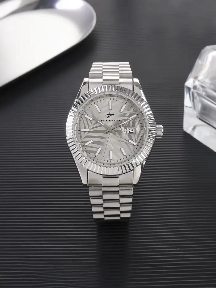 Ricecgo Montre à quartz exquise, style professionnel, boîtier argenté, bracelet en acier inoxydable,