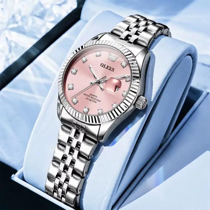 OLEVS – montre à Quartz pour femmes, élégante, rose, originale, en acier inoxydable, Texture filetée