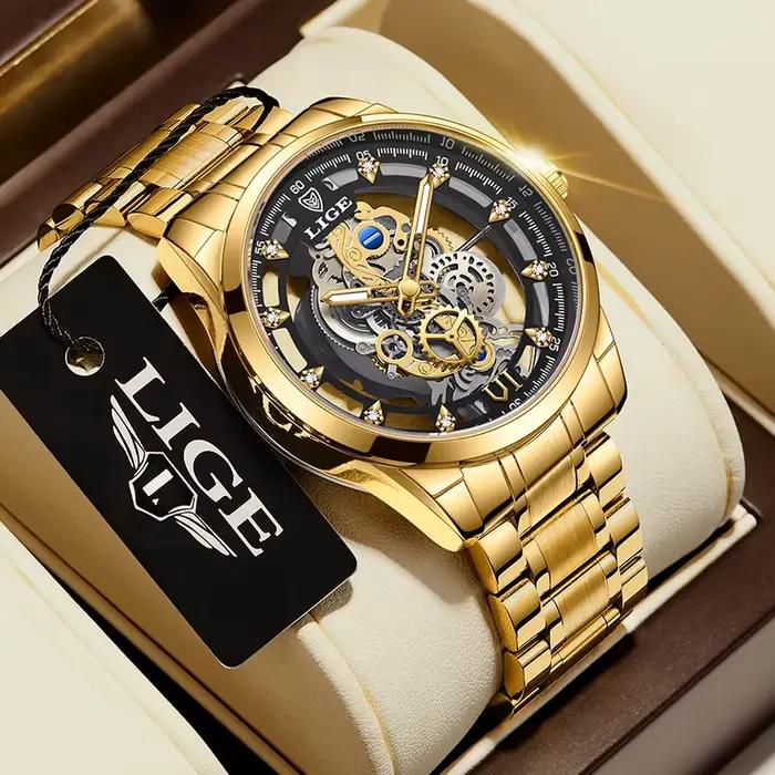 LIGE – montre à Quartz automatique pour hommes, squelette doré, Vintage, marque de luxe, 2026
