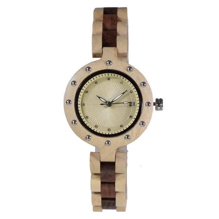 Montre à quartz vintage en bois pour femme, fonction calendrier pratique, aiguilles lumineuses brill