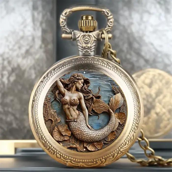 Montre à gousset — Vintage Cool montre de poche sirène élégante horloge exquise avec collier chaîne 