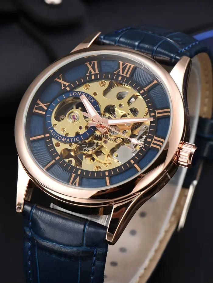 Montre automatique de luxe pour hommes, montres mécaniques rome, squelette étanche, cuir noctilucent