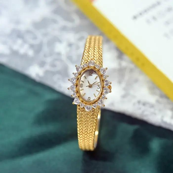 Montre à quartz en laiton plaqué or 24 carats pour femme, diamant vintage, luxe, élégant, cadran cou