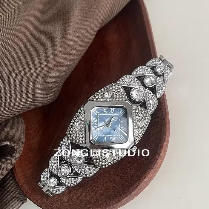 Montre à Quartz bleu ciel pour femmes, Bracelet de luxe en argent, horloge à chiffres romains, étanc