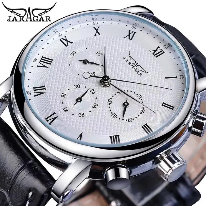 Montre mécanique automatique pour homme JARAGAR, cadran numérique romain à six aiguilles, bracelet e