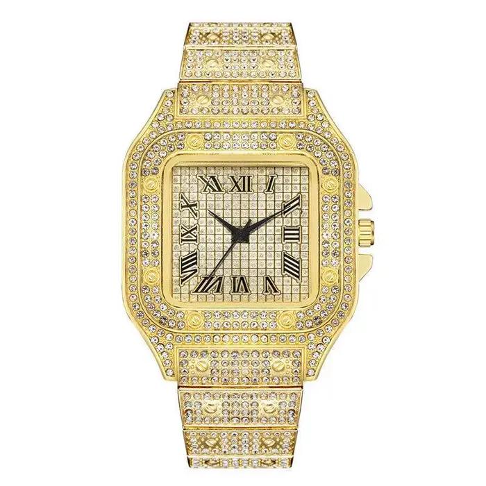 Montres de luxe en diamant pour hommes et femmes, montre-Bracelet en or pour dames, strass, unisexe,