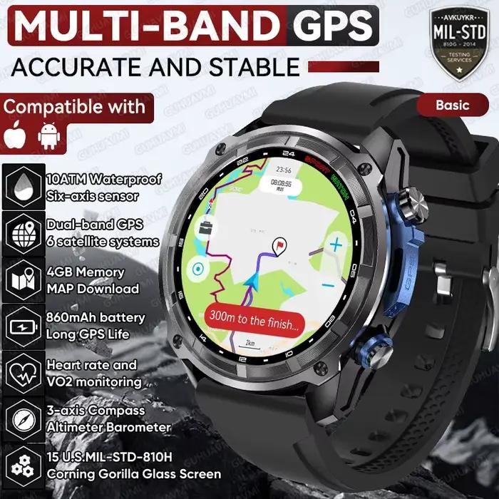 Montre connectée avec carte hors ligne, 4 go, GPS double bande intégré, boussole à 3 axes, étanche 1