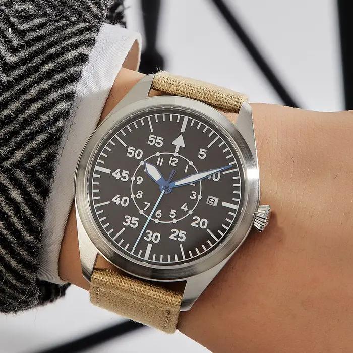 Montre de pilote en toile, bracelet kaki, mouvement automatique Miyota, montre de terrain pour homme