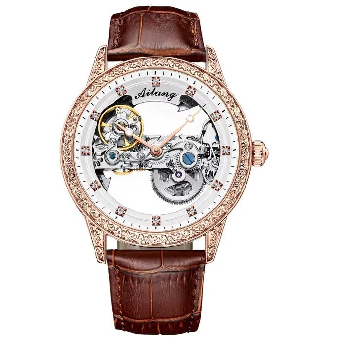 Montre mécanique automatique haut de gamme étanche avec bracelet en cuir véritable et fond transpare