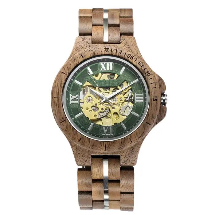 Montre Mécanique à Remontage Automatique Homme Combinaison Bois Acier Artisanale Rétro Cadran Ajouré