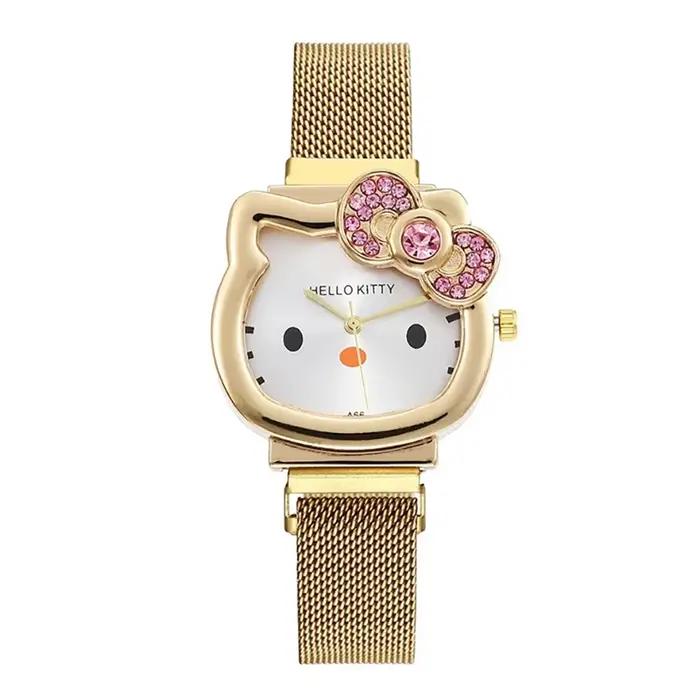 Montre Hello Kitty en métal avec nœud en diamant pour femme, bracelet magnétique, dessin animé anime
