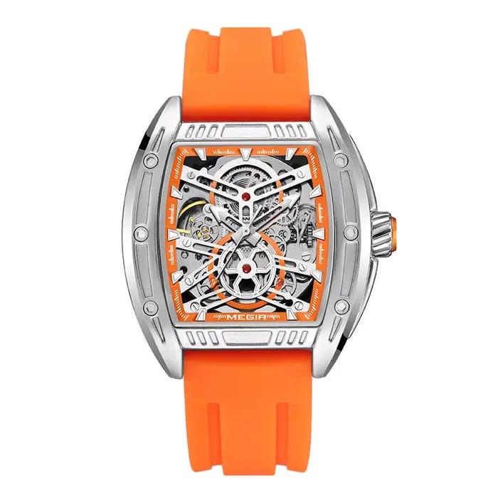 MEGIR-Montres Automatiques Orange pour Homme, dehors Militaire, Étanche, Cadran Tonneau, Montre-Brac