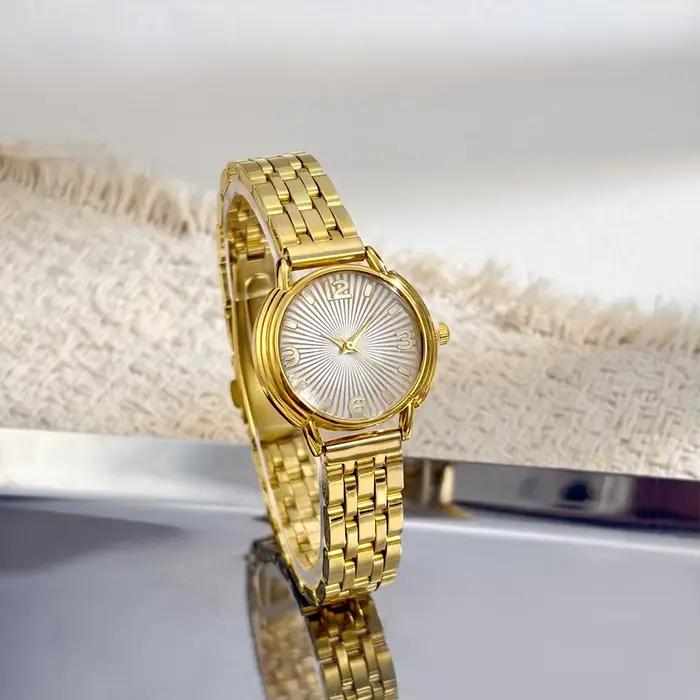 Montre en or pour femme : cadran rond effet soleil, bracelet en acier inoxydable, montre-bracelet de