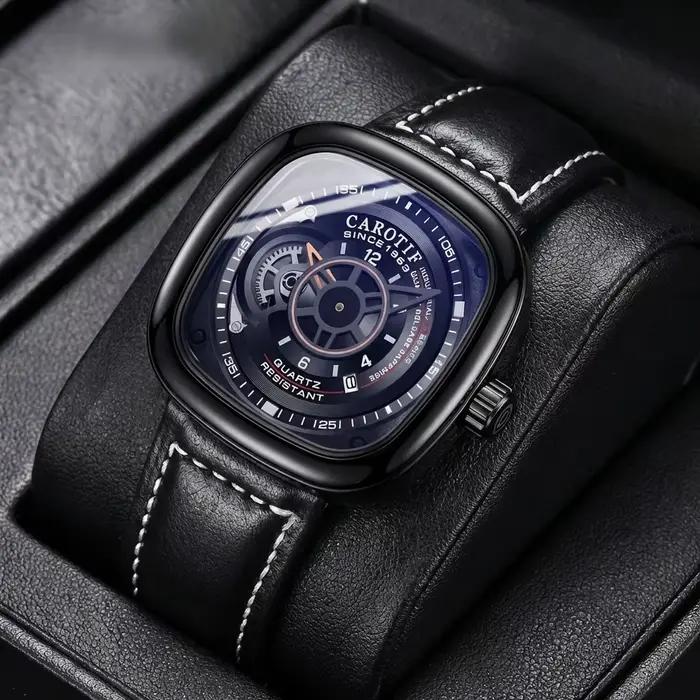 Une montre classique de style denim pour hommes avec un cadran carré unique, cuir PU marron et mouve