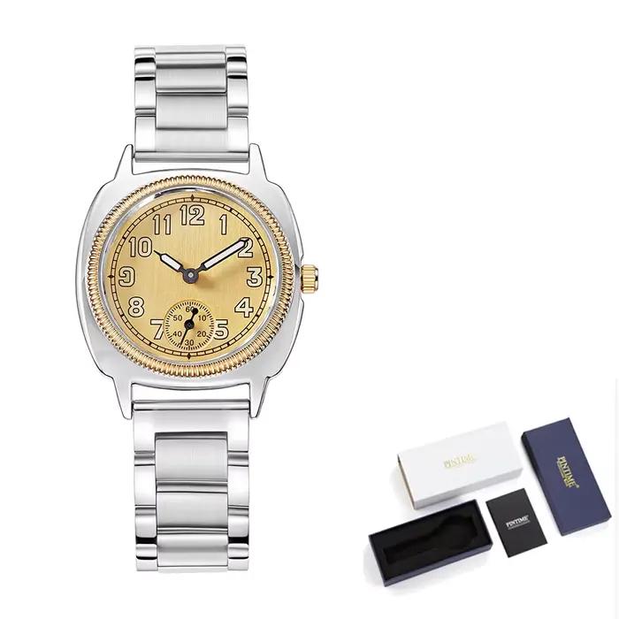 Montre vintage à bracelet extensible bicolore finition or pour homme et femme, lunette moletée, mouv