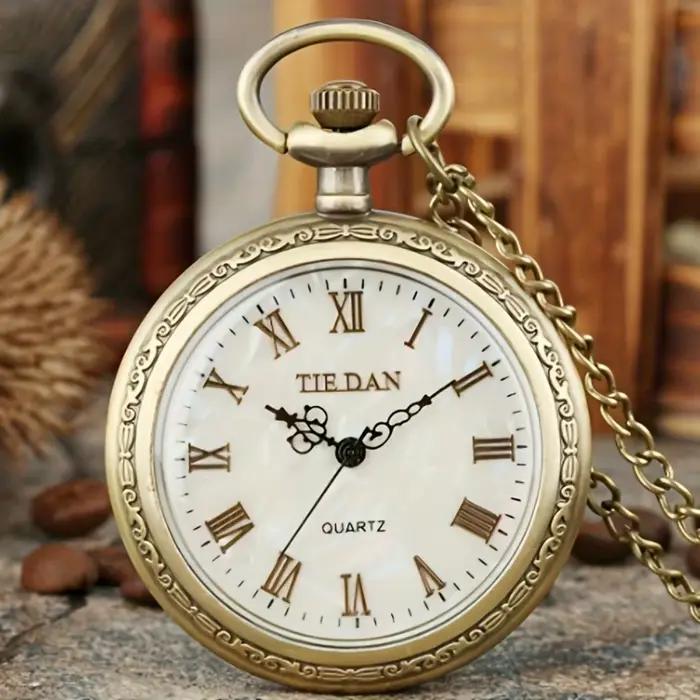Montre de poche à quartz vintage Bronz pour hommes avec chiffres romains, boîtier rond en alliage, e