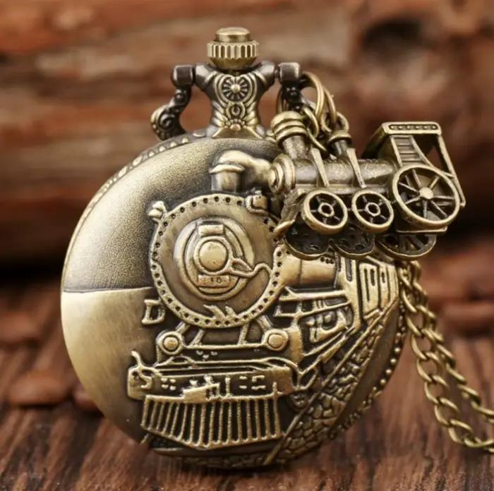 Montre de poche à Quartz avec Train Steampunk classique Vintage, avec collier, chaîne, pendentif, ca