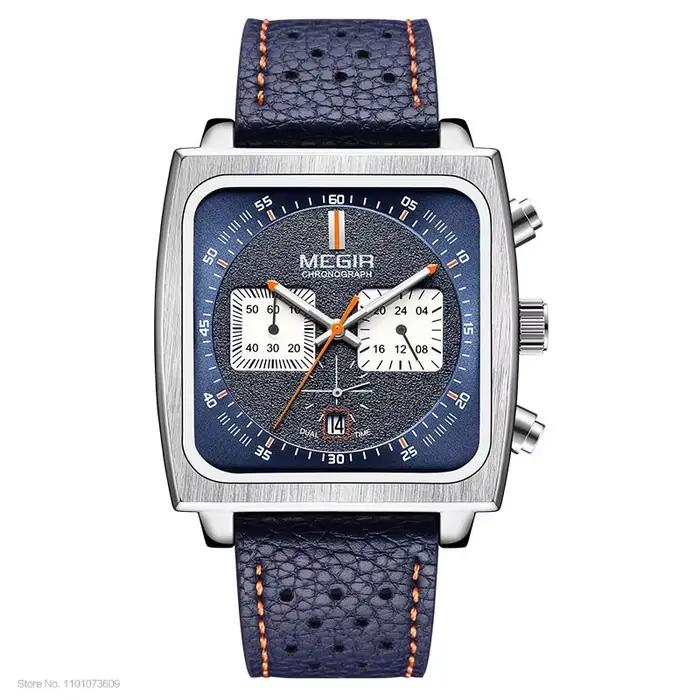 Montre MEGIR à cadran carré bleu pour homme, bracelet en cuir sport décontracté, chronographe à quar