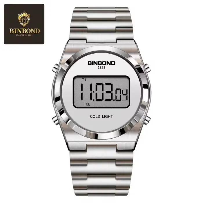 BINBOND montre de sport numérique pour hommes de luxe en acier inoxydable électronique étanche homme