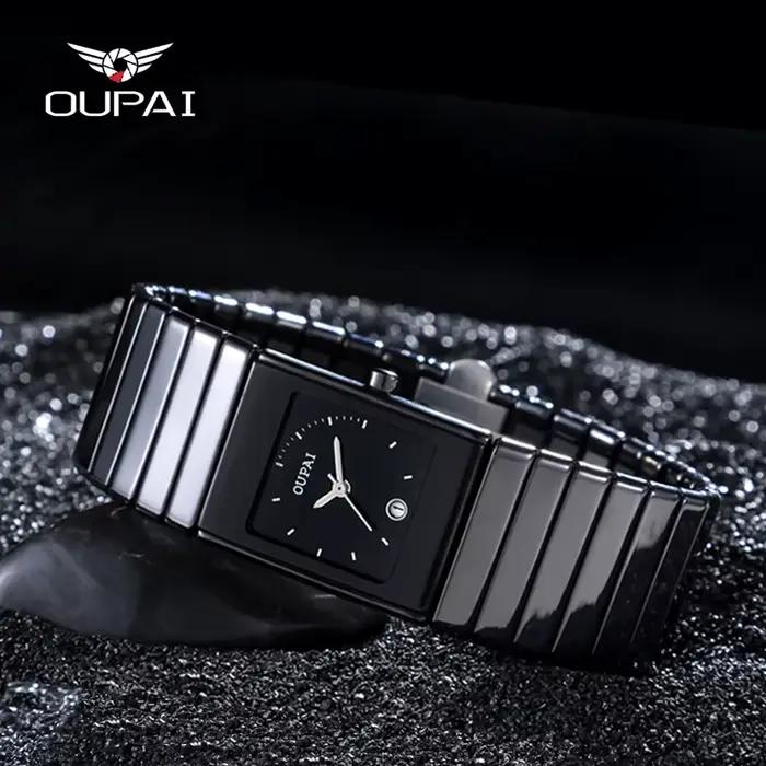 Montre carrée pour hommes OUPAI avec cadran rectangulaire, céramique noire 24 mm, quartz, étanche, d