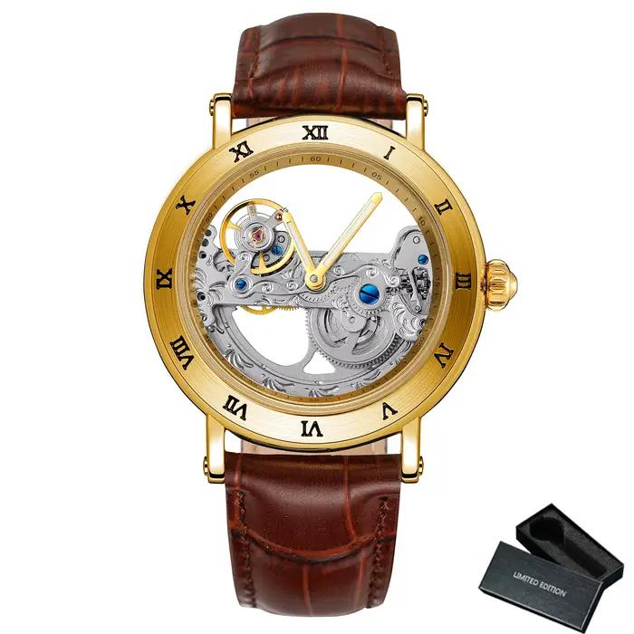 Montres mécaniques Vintage pour hommes, squelette de pont doré, automatique, de luxe, ceinture en cu