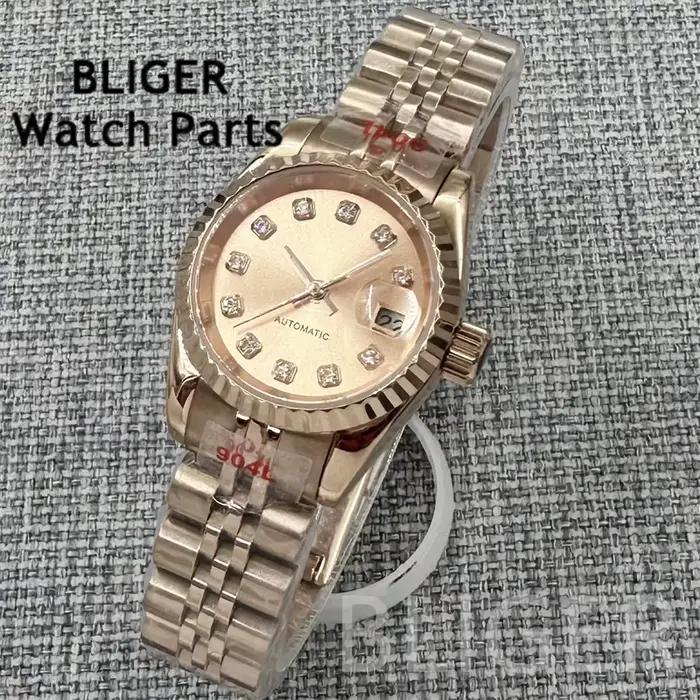 BLIGER 26mm montre mécanique pour femme cadran entièrement en or/or Rose index diamant verre saphir 