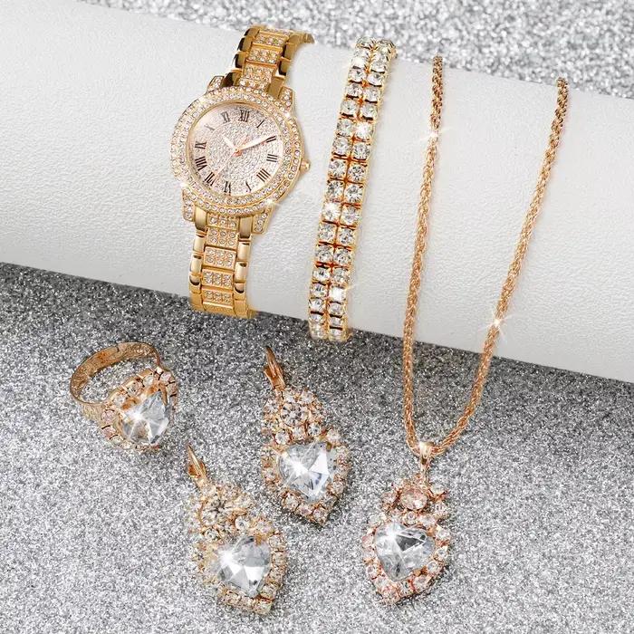 Montre à quartz entièrement sertie de diamants pour femme, bracelet en acier doré, ensemble de bijou