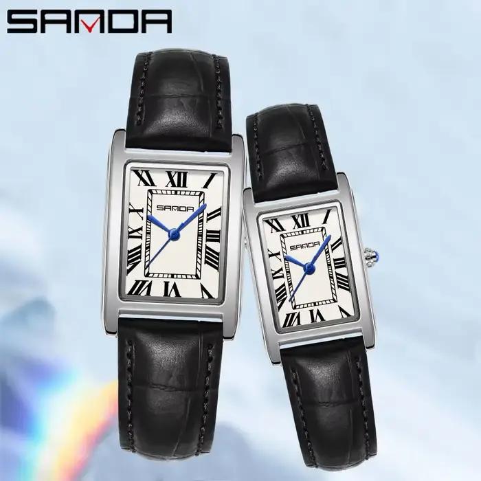 SANDA luxe réservoir Couple montre résistant à l'usure bracelet en cuir cadran carré étanche Sport d