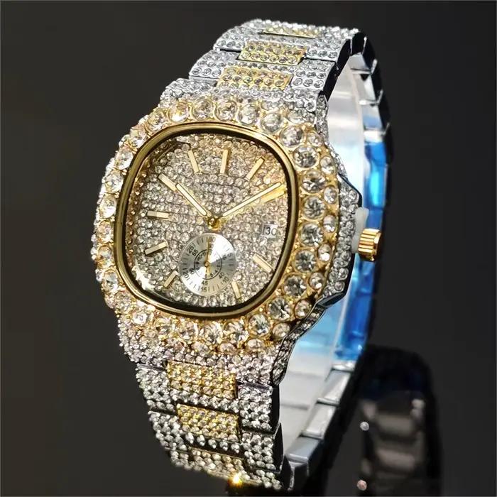 Montre de luxe pour homme, style hip-hop, en acier inoxydable doré, avec diamants, bijoux de mode, m