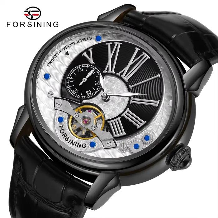 Forsining-Montres Mécaniques Automatiques en Cuir pour Homme, Horloge Noire Dorée, Échelle Romaine, 
