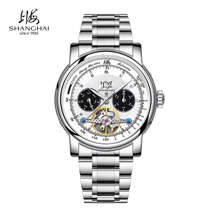 Montre Shanghai 41mm 1963 pour homme, automatique, double calendrier, tourbillon, saphir, acier inox