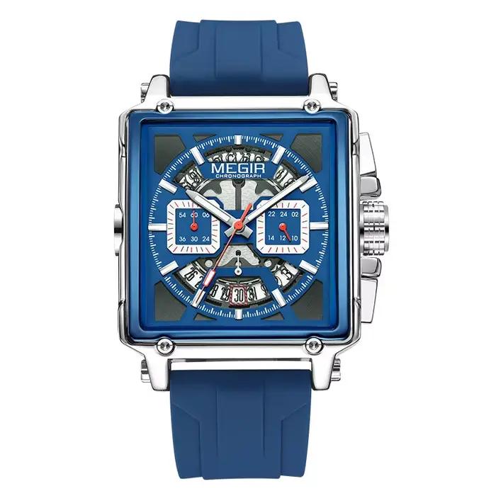 Montre à quartz bleu marine MEGIR pour homme, chronographe, étanche, bracelet en silicone, aiguilles
