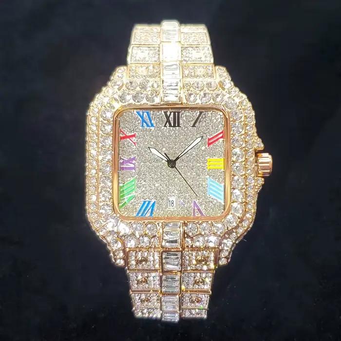 Montre de luxe en diamant pour hommes, montres à quartz carrées glacées Bling, rap Hip Hop, or rose,