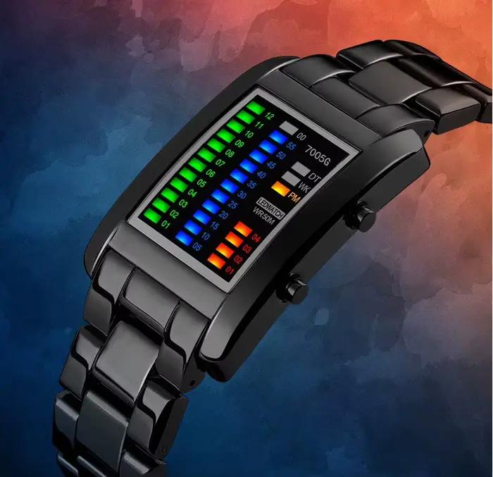 Montre binaire numérique Led pour hommes, montre-bracelet électronique multifonctionnelle en acier n