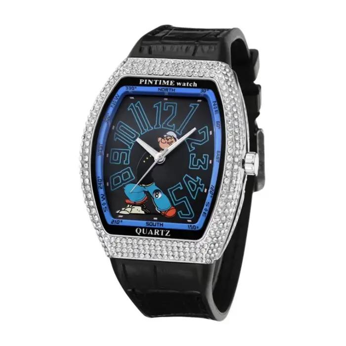 Nouvelle Montre Homme 2026 Iced Out Tonneau Luxe Diamant Hip Hop Quartz Créative Mode Marin Cartoon 