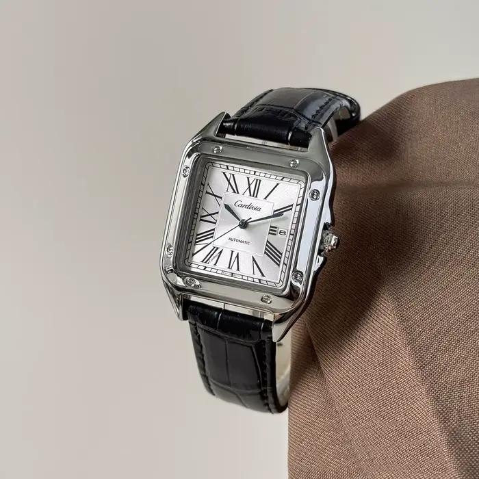 Montre à quartz pour homme avec chiffres romains carrés, boîtier en acier inoxydable de luxe, bracel