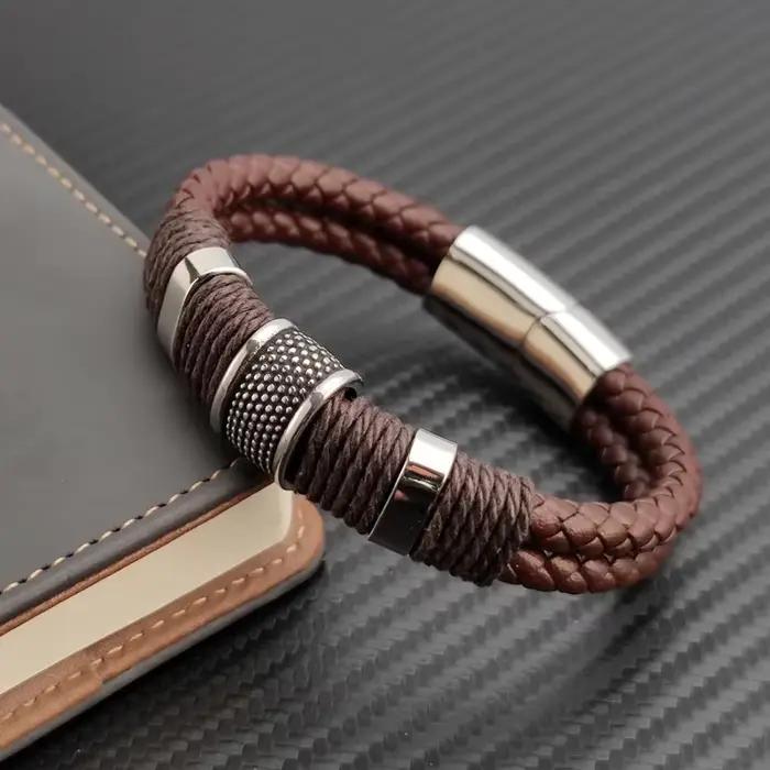 Luxe Vintage multicouche marron cuir acier inoxydable hommes Bracelet perle Bracelet bijoux mâle poi