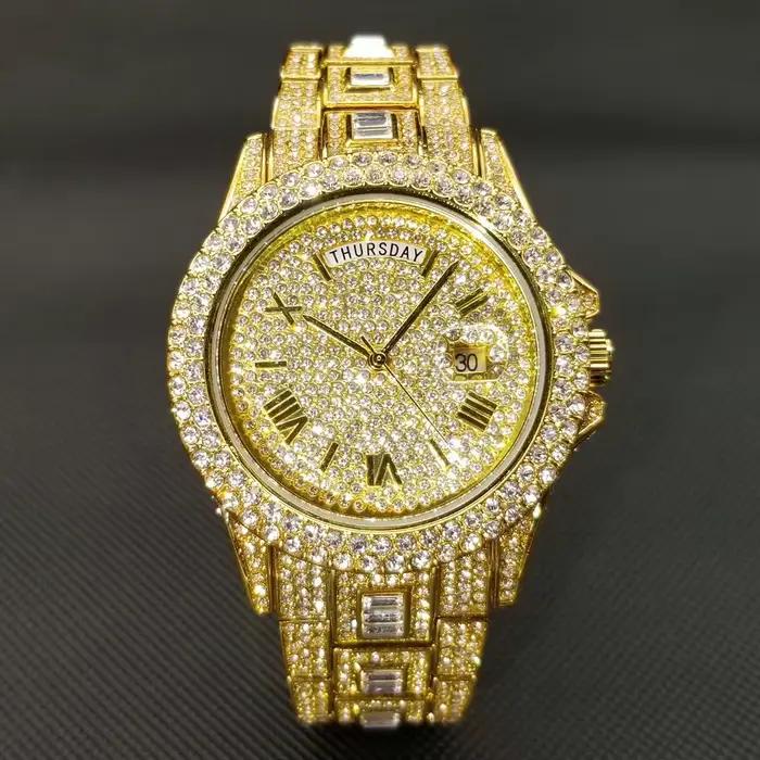 Date jour diamant montre pour hommes de luxe en acier inoxydable Style de rue glace sur montre-brace