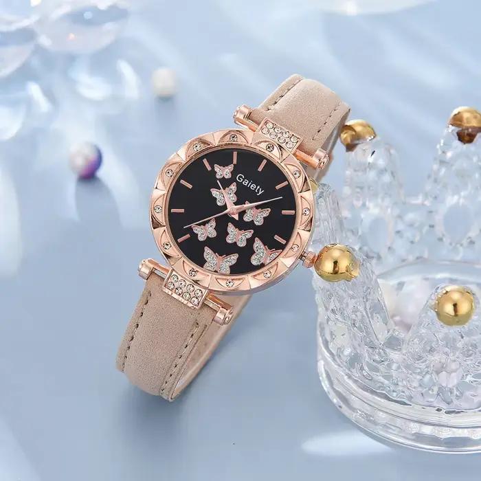 Ensemble de montre-bracelet à quartz pour femme, bague, collier, boucles d'oreilles, bracelet en cui