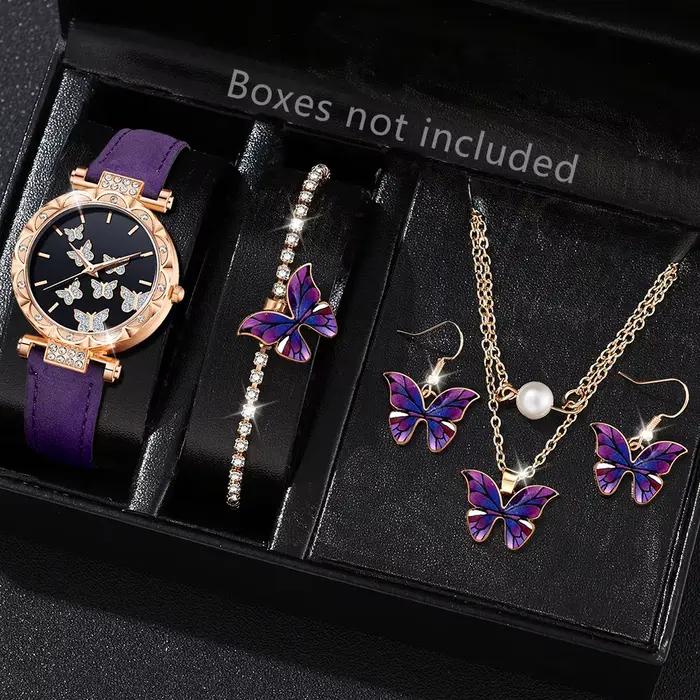 Ensemble de montres pour femmes en or rose avec bracelet en cuir violet, cadran noir à paillettes pa