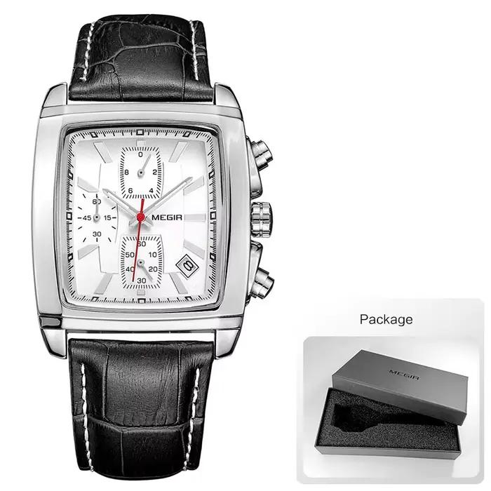 Megir cadran rectangulaire bracelet en cuir Montre pour hommes décontracté bleu chronographe montres