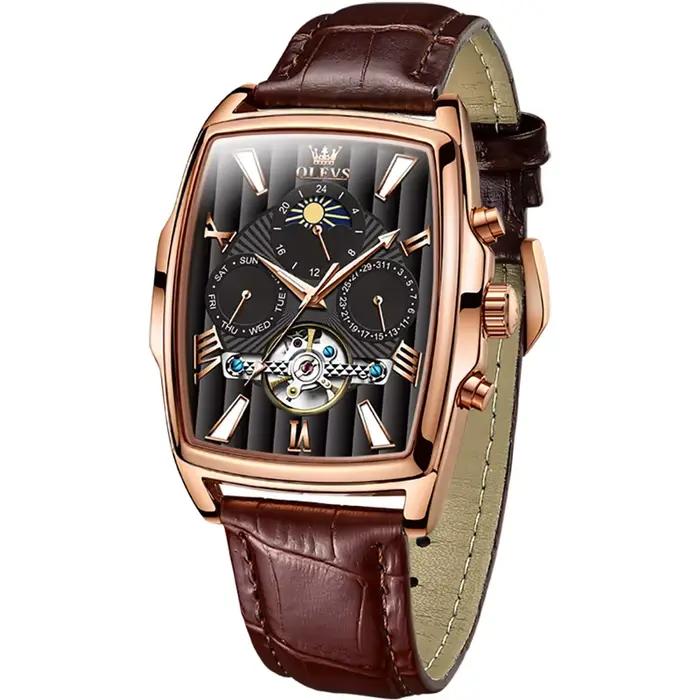 OLEVS-Montre-bracelet mécanique automatique pour homme, horloge de sport tourbillon, cuir décontract