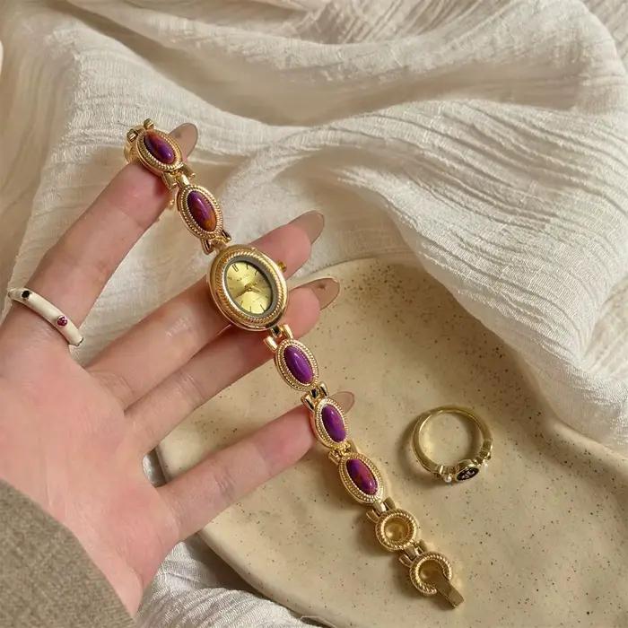 Montre-Bracelet Vintage en pierres précieuses colorées pour femmes, montre à Quartz élégante, montre