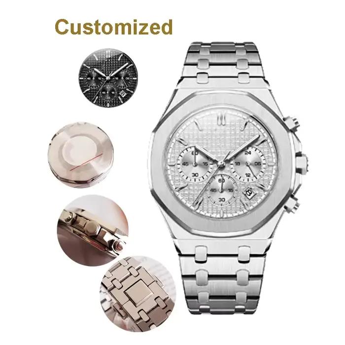 Montre chronographe pour homme 42 mm, quartz, acier inoxydable, boîtier serti de diamants, cadran mu