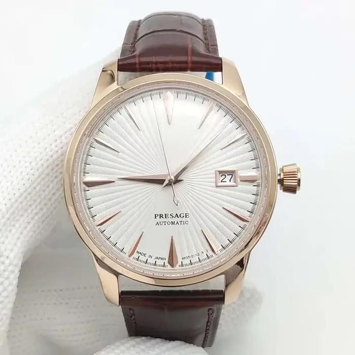Montre mécanique vintage homme 40mm or rose bracelet cuir élégante pour anniversaire mariage quotidien
