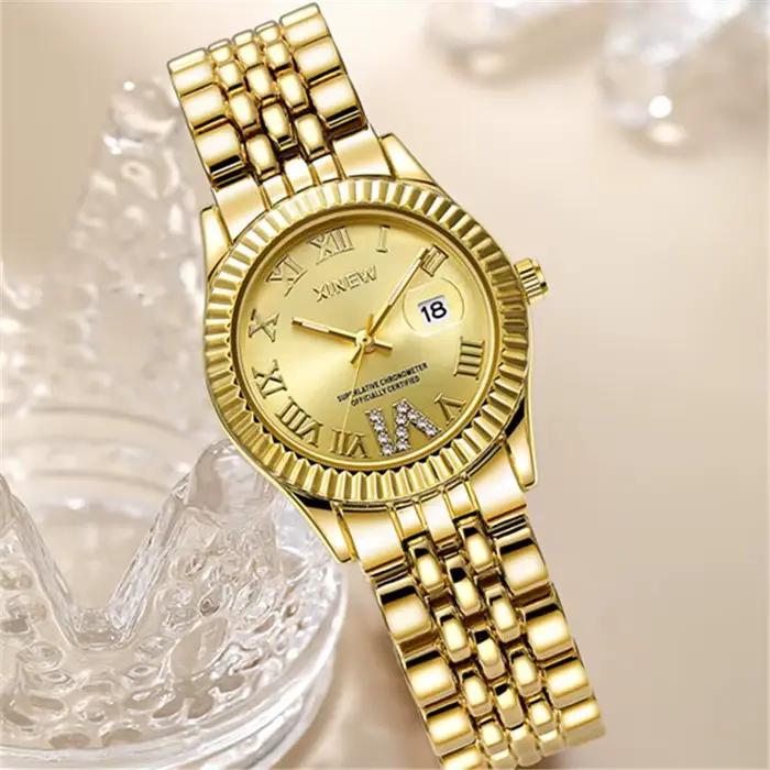 Montre XINEW à Quartz dorée avec calendrier complet pour femmes occasions spéciales